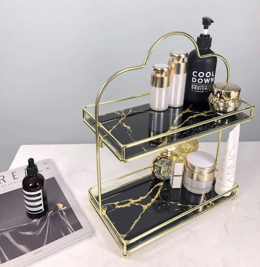Makeup Organizer Shelf, 2 Tier Cosmetic Storage Basket with Removable acrylic Glass Tray