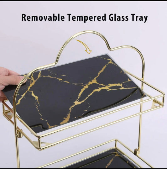 Makeup Organizer Shelf, 2 Tier Cosmetic Storage Basket with Removable acrylic Glass Tray